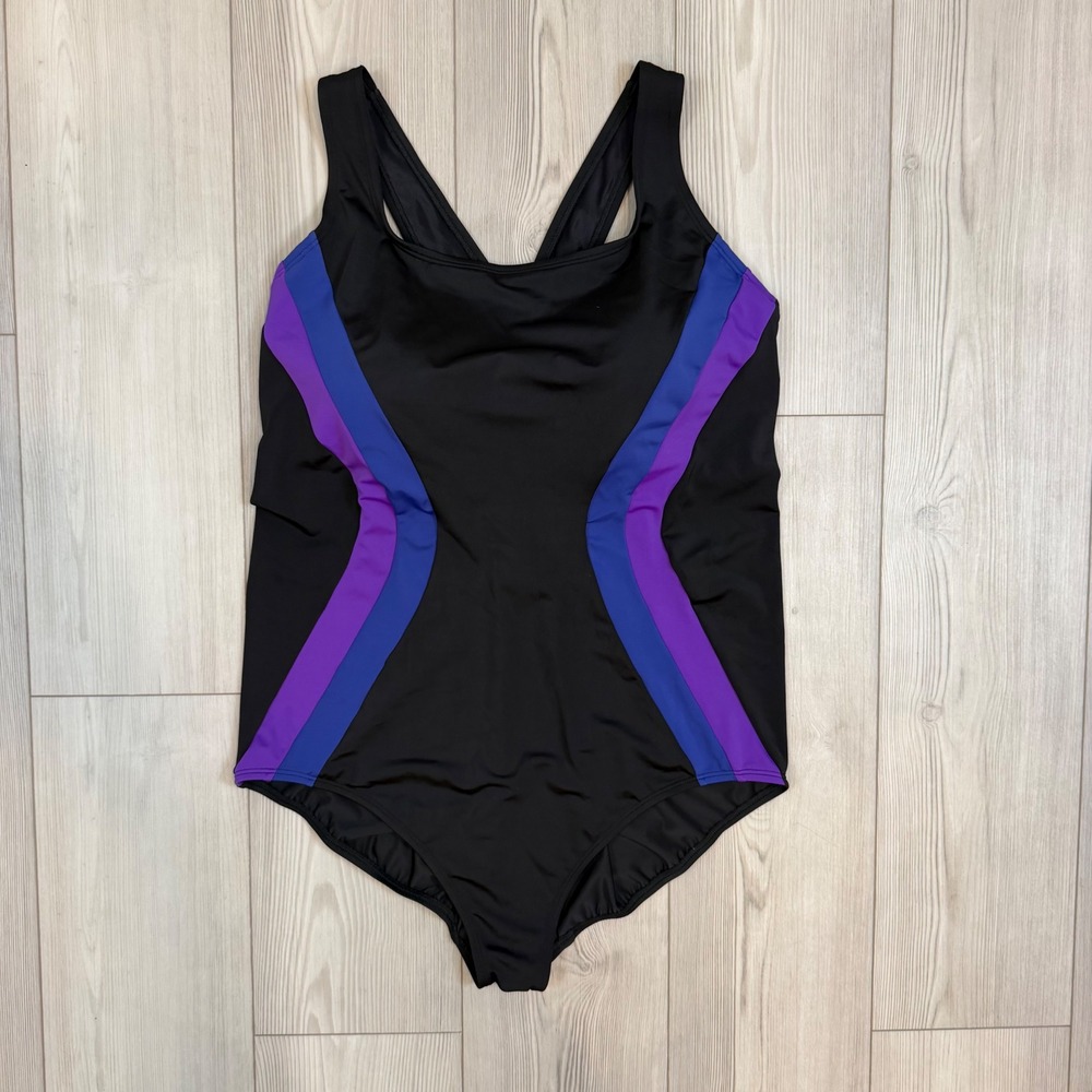 Lands End Womens Black Purple Blue Stripe One Piece Swimsuit 22W Long Crossback